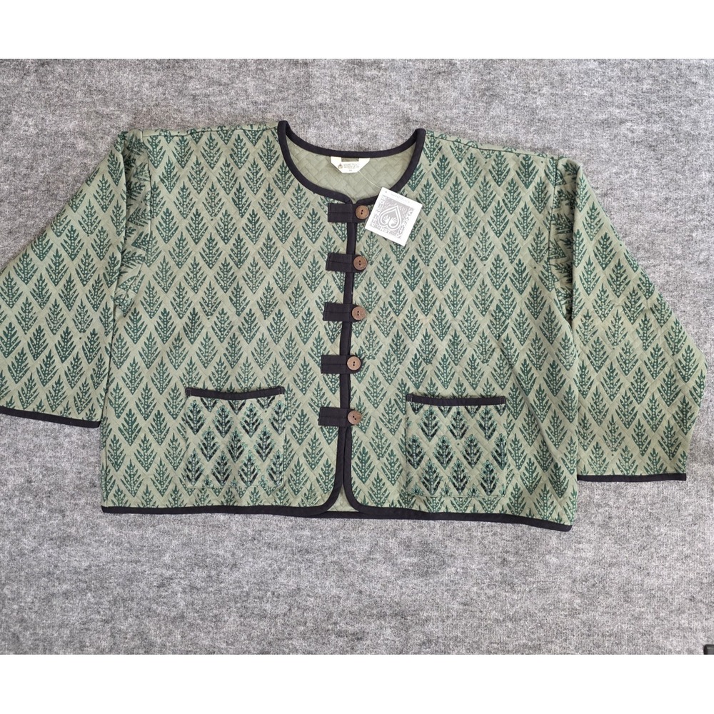 NWT Marketplace Handwork Of India‎ Jacket 1W Plus Green Quilted Floral Boho Boxy